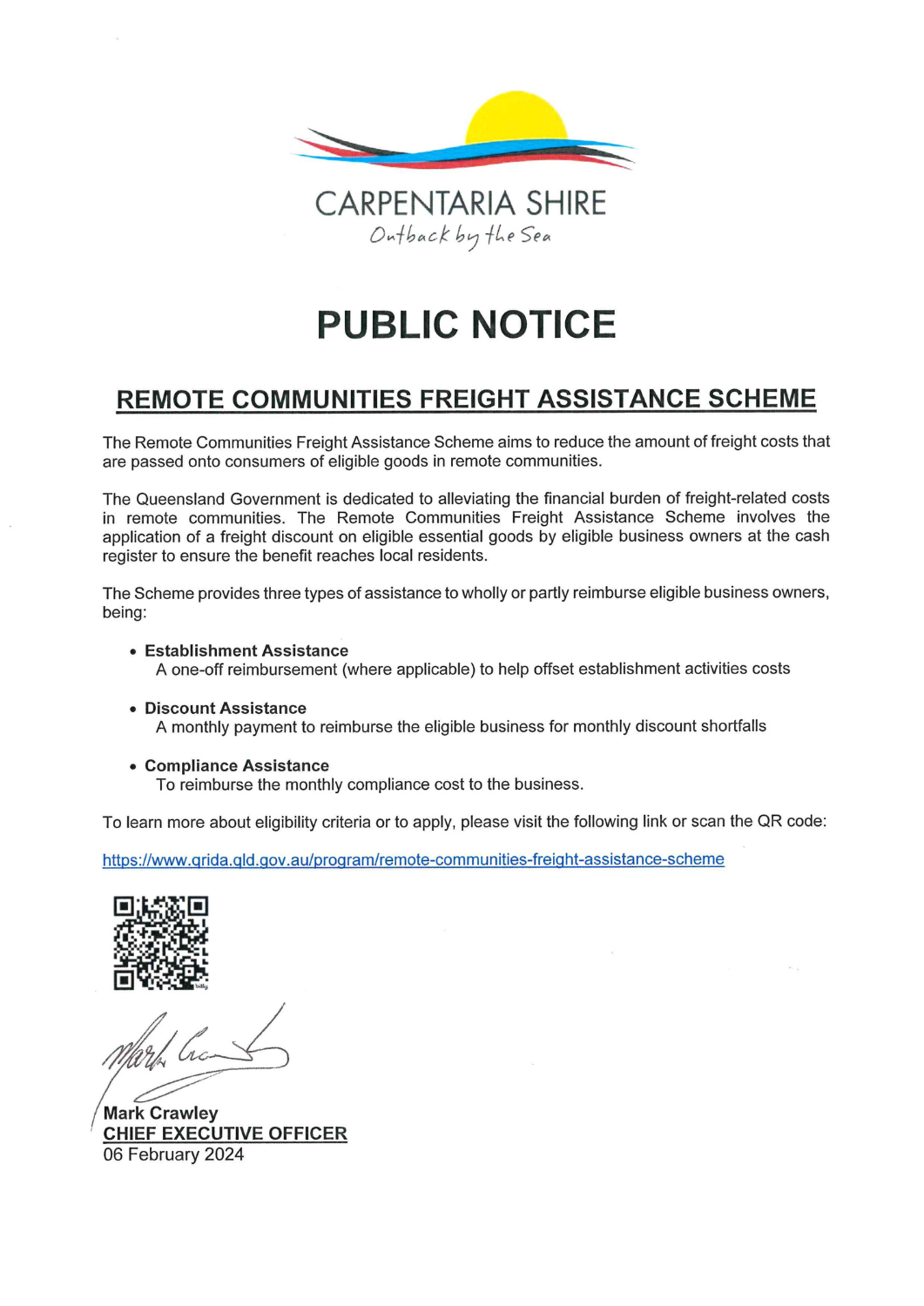 Public notice - The Remote Communities Freight Assistance Scheme